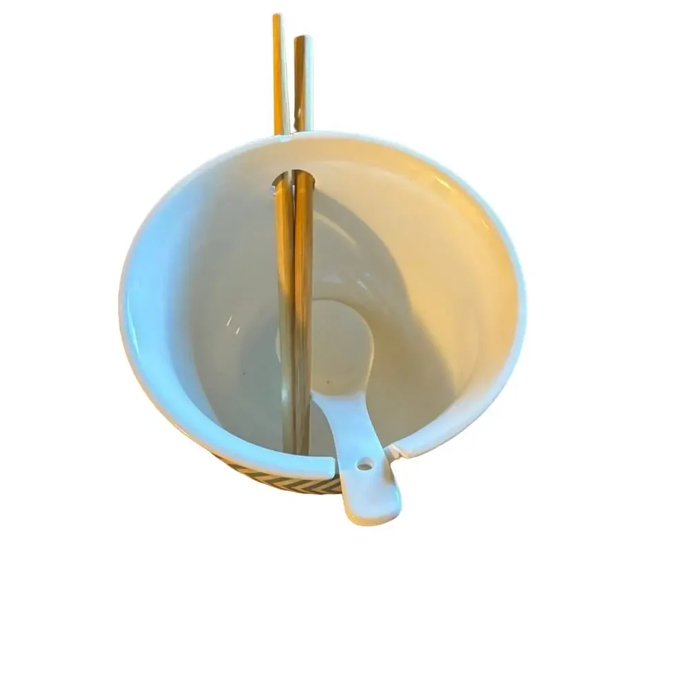 Blue White Striped Ramen Bowl Set with Wooden Chopsticks and Ceramic Spoon